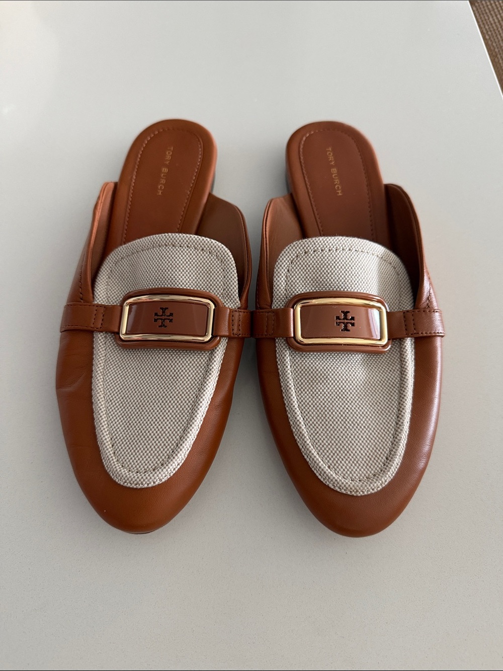 Tory Burch Brown Leather & Cream Canvas Buckle Mules